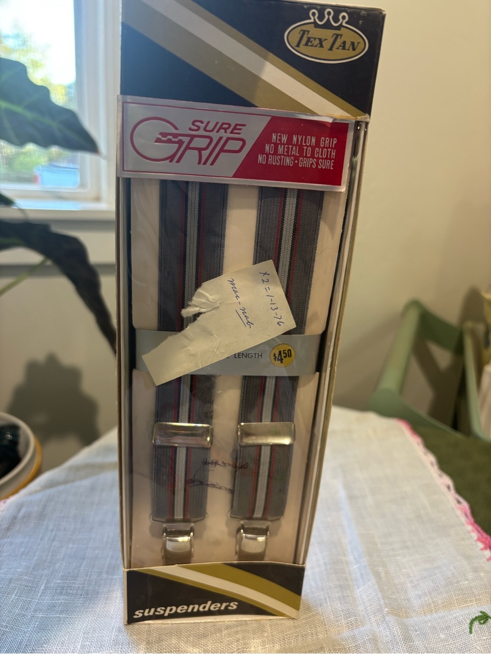 Vintage Tex Tan Sure Grip Striped Suspenders - Gray/Red/White